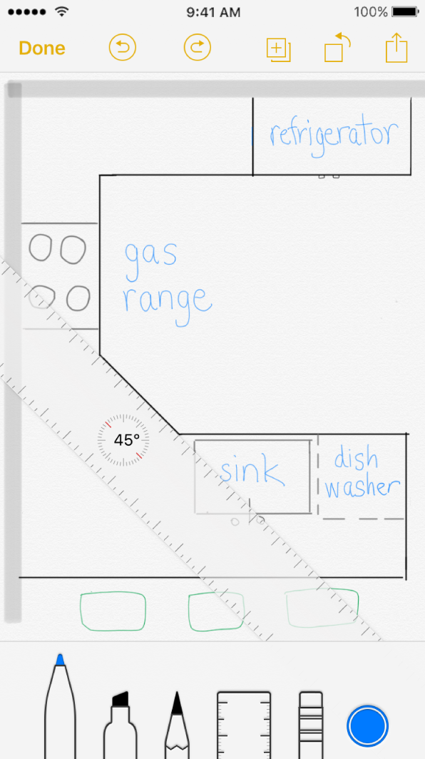 Sketch on iPhone with a drawn and labeled kitchen diagram.