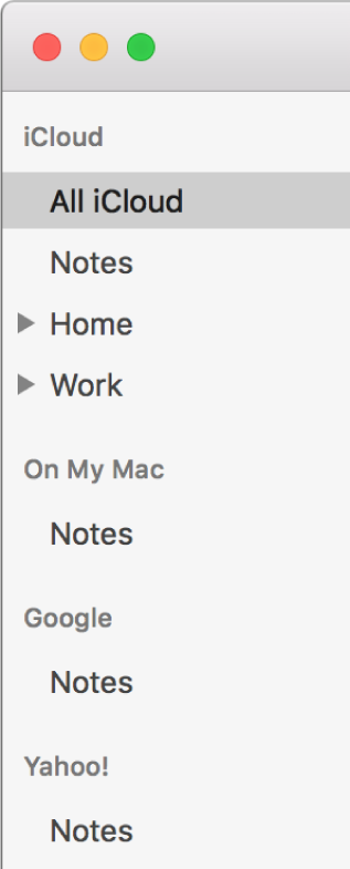 The list of accounts in Notes showing iCloud, On My Mac, and other accounts such as Google and Yahoo.