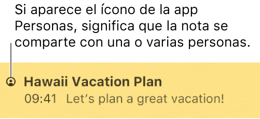 Una nota que ha tenido personas agregadas a la misma, con el ícono Personas a la izquierda del nombre de la nota.