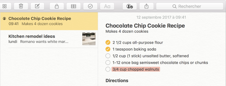 Une note contenant une recette de cookies aux pépites de chocolat. L’icône Personnes à gauche du nom d’une note dans la liste des notes indique que des personnes ont été ajoutées à la note pour collaborer.