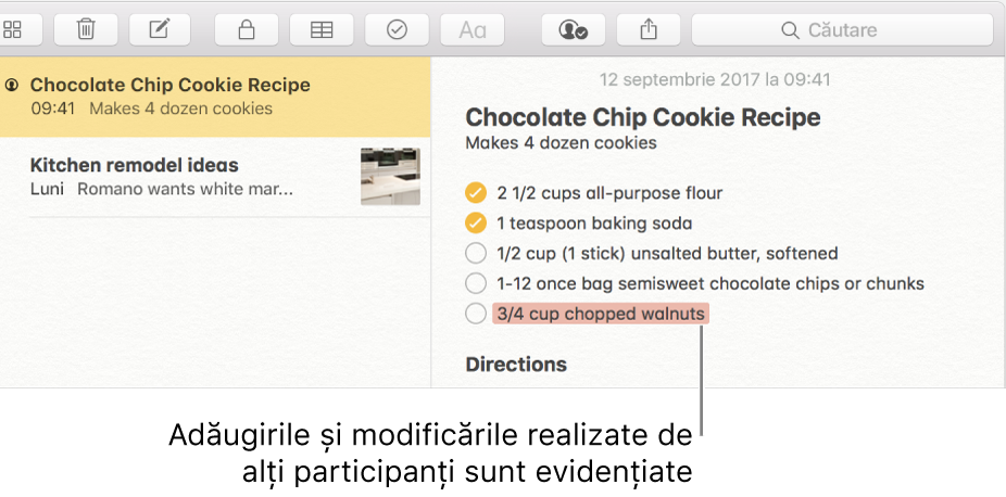 Fereastra Notițe cu lista de notițe în mijloc. Este selectată o notiță cu persoane adăugate la ea. Conținutul notiței apare în partea dreaptă, cu adăugirile făcute de alt participant evidențiate cu roșu.