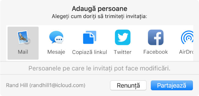 Fereastra de dialog Adaugă persoane, în care selectați modul în care trimiteți invitația de a adăuga persoane la o notiță.