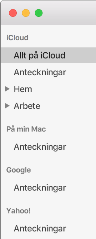 Listan över konton visar iCloud, På min Mac och andra konton som till exempel Google och Yahoo.