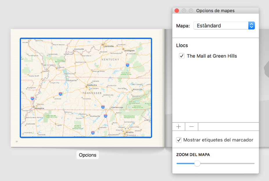Un mapa en un llibre, amb el botó Opcions a sota, i la finestra “Opcions de mapes” oberta a la dreta.