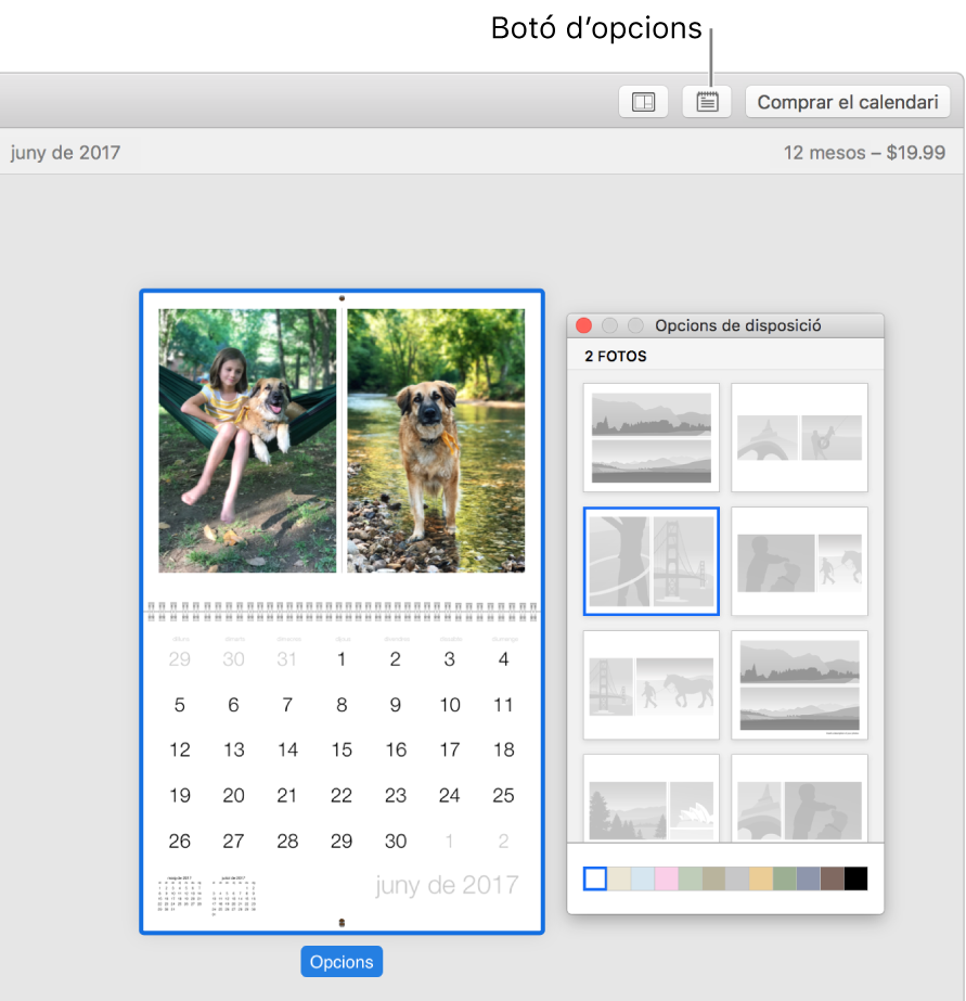 Pàgina de calendari a l’esquerra, amb la finestra “Opcions de disposició”, a la dreta, que mostra disposicions de pàgina.