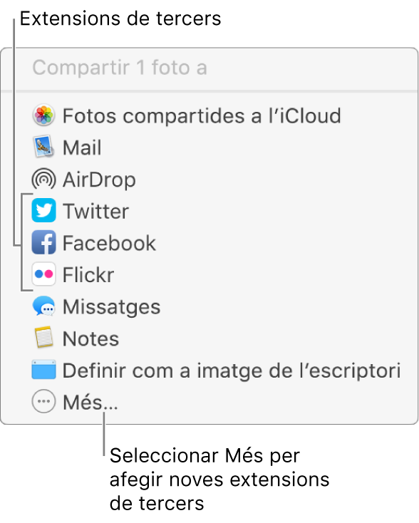 El menú Compartir amb extensions de tercers, com ara Flickr.