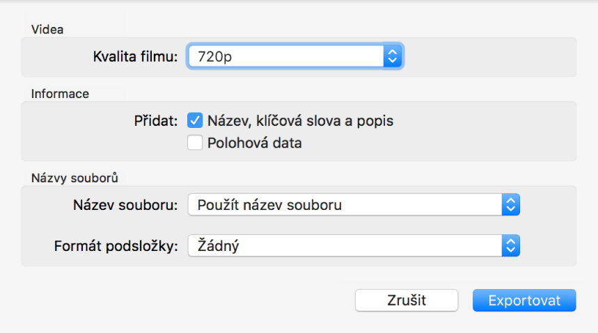 Dialogové okno Exportovat původní s volbami exportu.