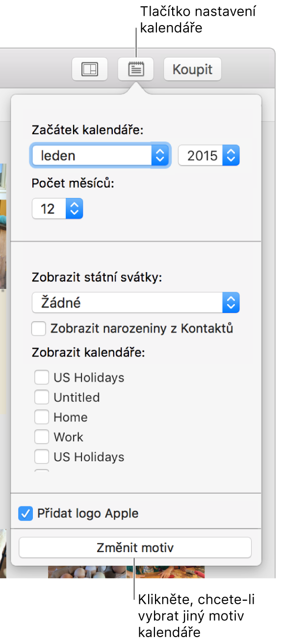 Volby nastavení kalendáře s tlačítkem Změnit motiv ve spodní části.