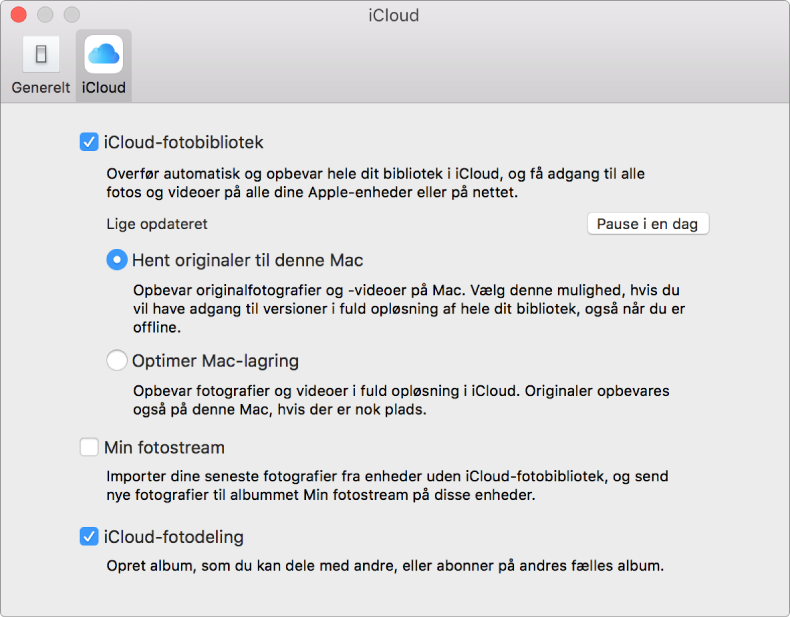 Vinduet iCloud i Fotos-indstillinger.