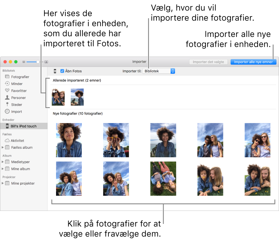 Fotografier på enheden, som du allerede har importeret, vises øverst i vinduet. Nye fotografier vises nederst. I midten øverst ses lokalmenuen “Importer til”. Knappen Importer alle nye fotografier findes øverst til højre.