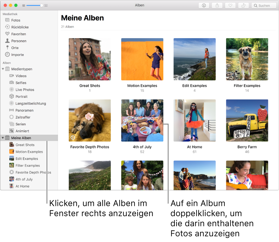 Das Fenster „Fotos“ mit ausgewähltem Ordner „Meine Alben“ in der Seitenleiste und den von dir erstellten Alben auf der rechten Fensterseite