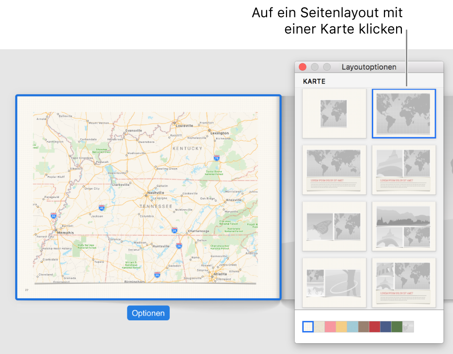 Fenster „Layoutoptionen“ mit Kartenlayouts