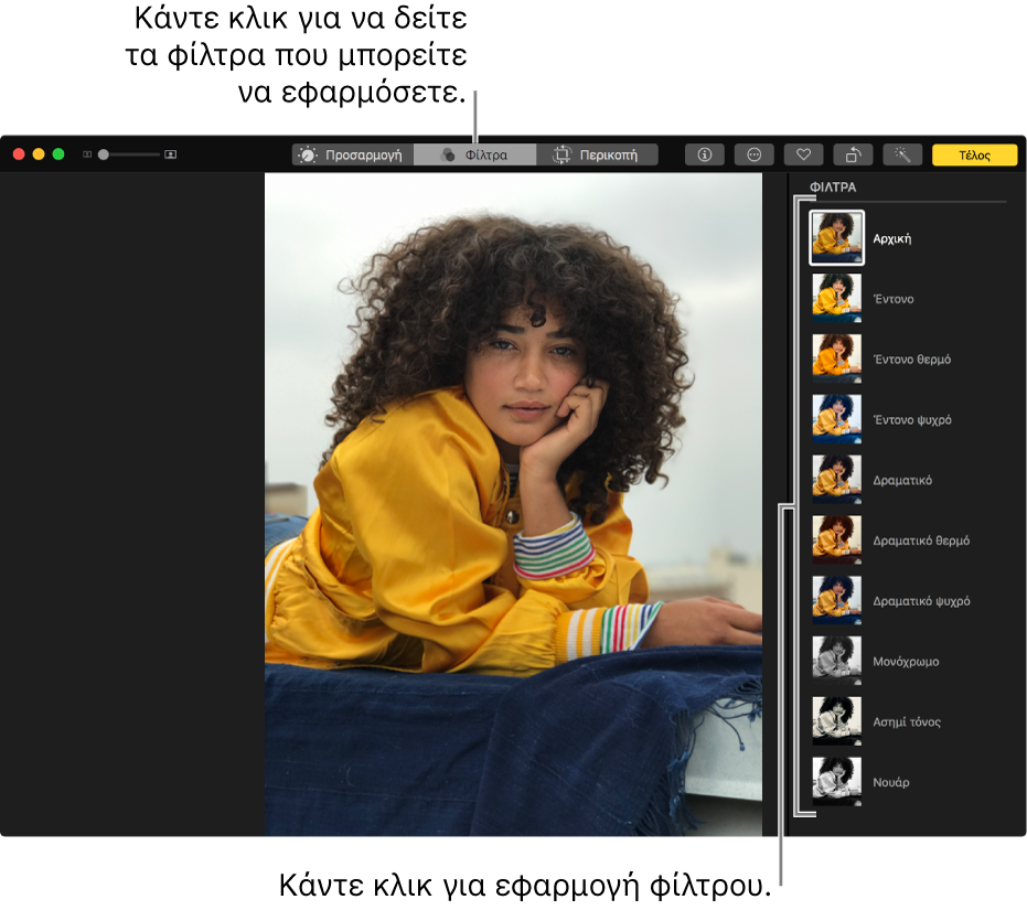 Φωτογραφία σε προβολή επεξεργασίας με φίλτρα που φαίνονται στα δεξιά.