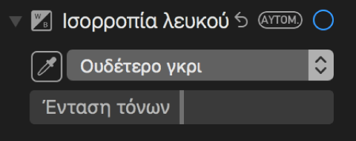 Χειριστήρια «Ισορροπία λευκού» στο τμήμα «Προσαρμογές».