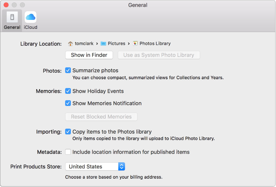 General pane of Photos preferences.