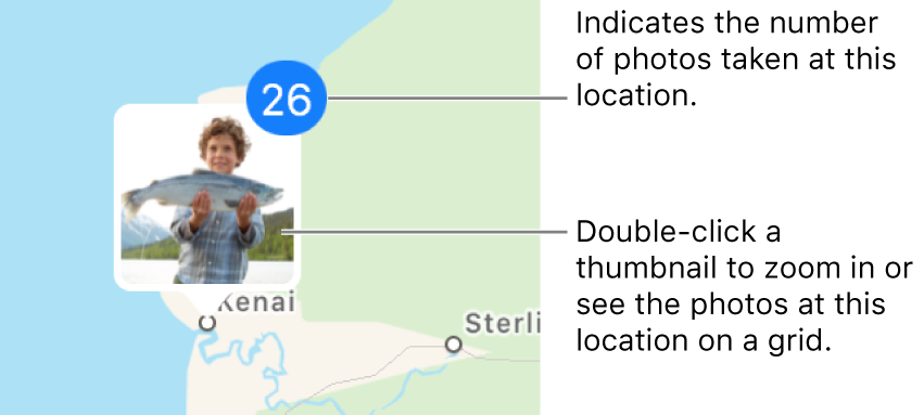 Thumbnails of photos located on a map.