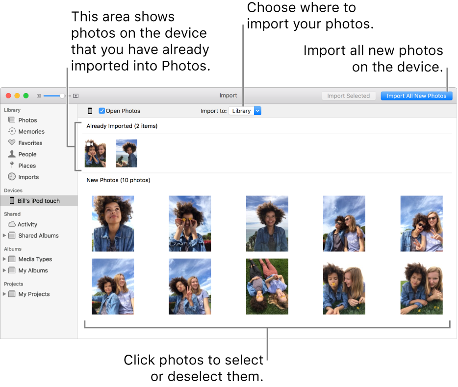 Photos on the device that you’ve already imported are shown at the top of the pane; new photos are at the bottom. At the top center is the “Import to” pop-up menu. The Import All New Photos button is at the top right.