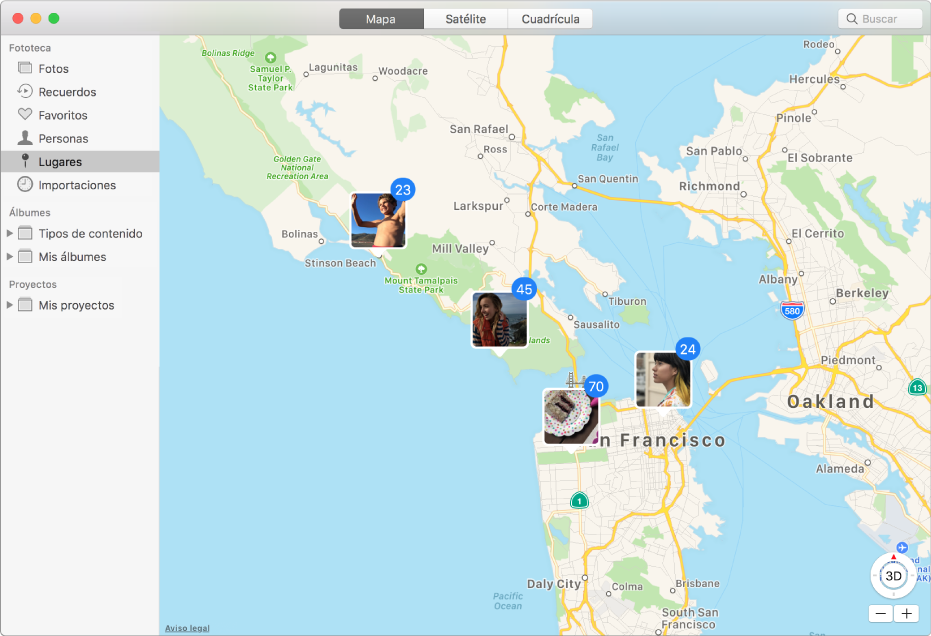 La ventana de Fotos mostrando un mapa con miniaturas de fotos agrupadas por ubicación.