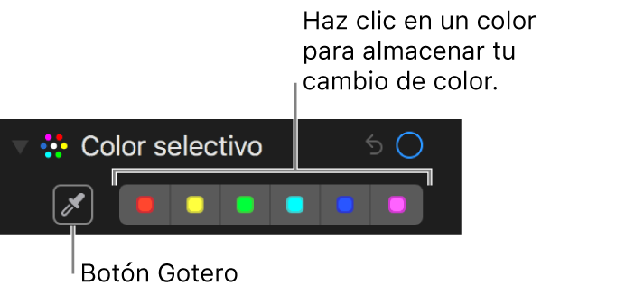 Los controles “Color selectivo” mostrando el botón Gotero y las paletas de colores.