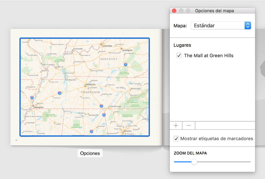 Un mapa en el libro con el botón Opciones debajo de él, y la ventana “Opciones de mapa” abierta a su derecha.