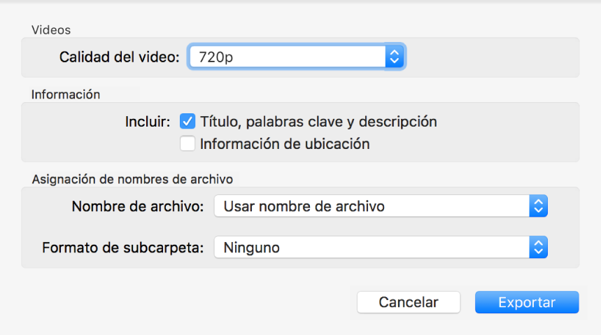 Cuadro de diálogo “Exportar original” mostrando opciones para exportar.