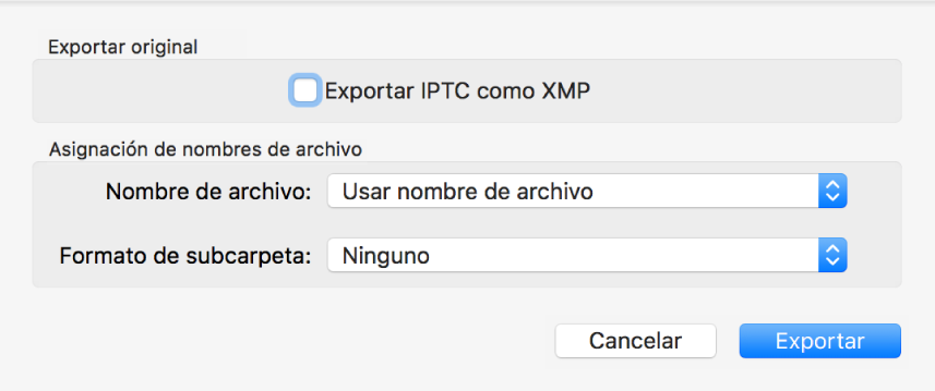 Cuadro de diálogo “Exportar original” mostrando opciones para exportar.