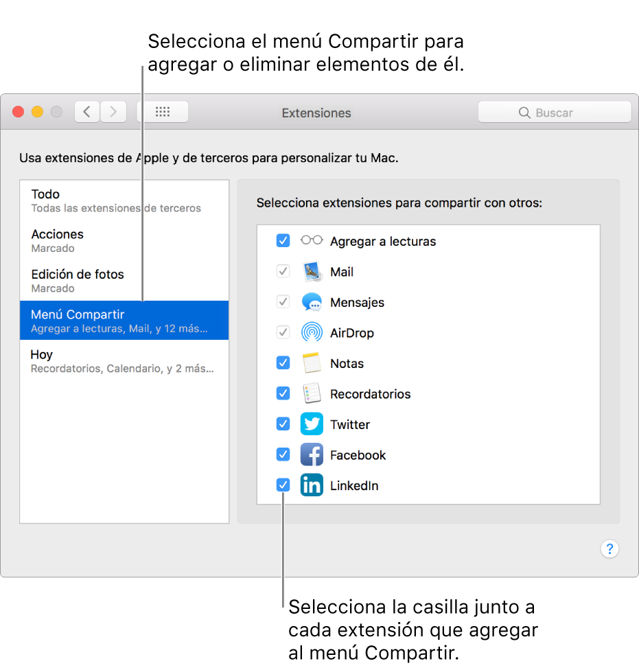 Panel Extensiones de Preferencias del Sistema mostrando una lista de extensiones de terceros en la parte derecha.