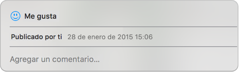 Ventana que muestra las opciones “Me gusta” y comentar para una foto compartida.
