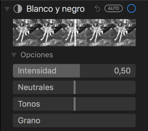 El área “Blanco y negro” del panel Ajustar mostrando los reguladores de Intensidad, Neutrales, Tono y Grano.