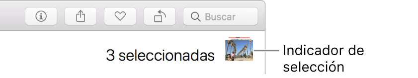 El indicador de selección mostrando que se seleccionaron tres fotos.