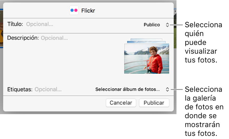 Cuadro de diálogo para compartir en Flickr.