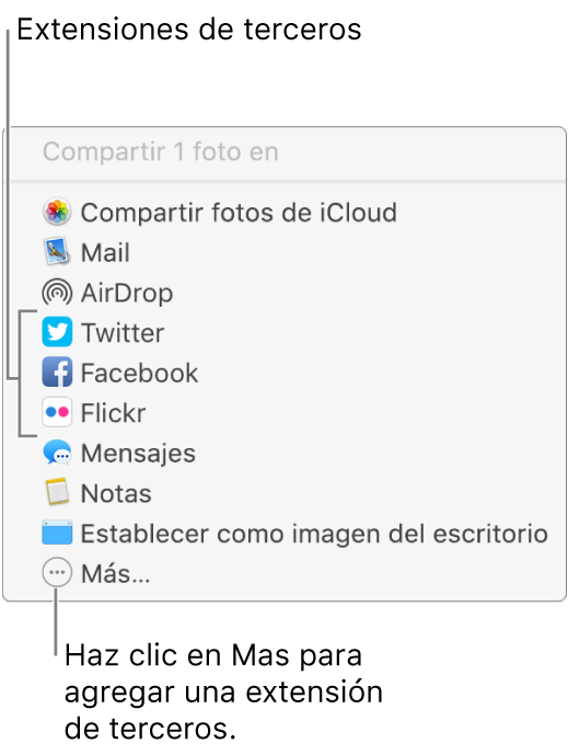 Menú Compartir mostrando extensiones de terceros tales como Flickr.