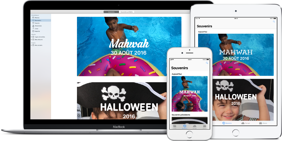 Mac, iPhone et iPad configurés pour utiliser la photothèque iCloud, présentant tous le même ensemble de photos.