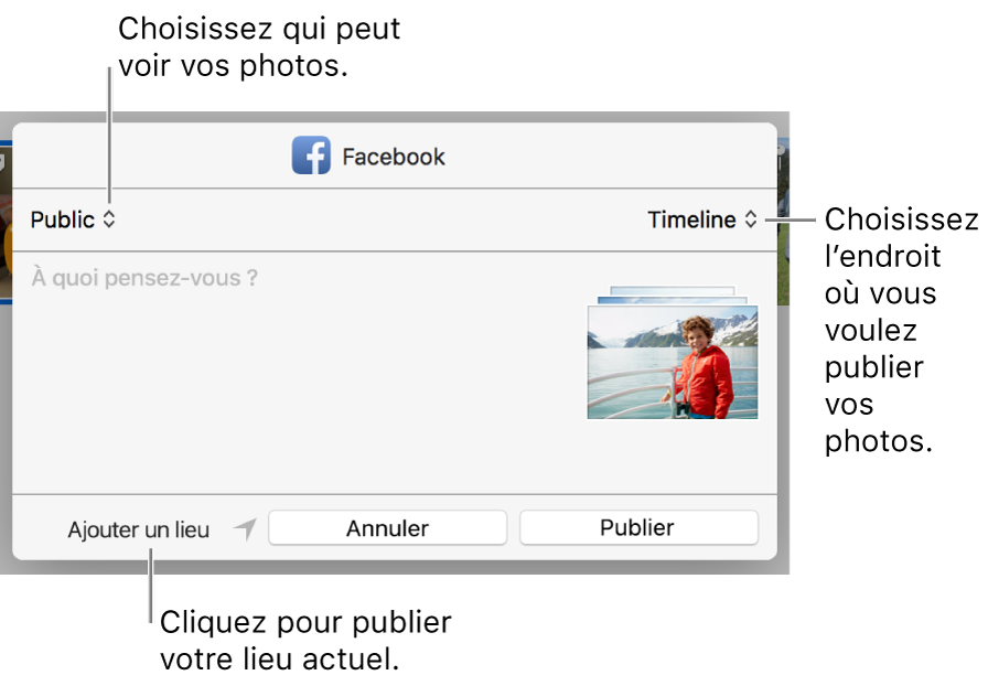 Zone de dialogue de partage sur Facebook.