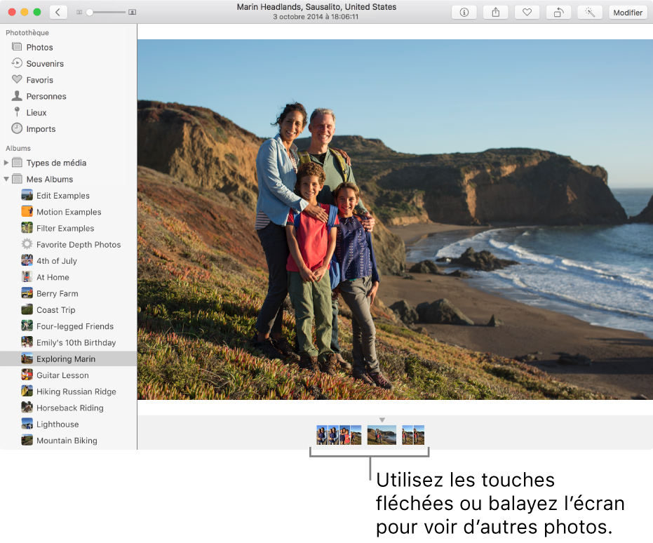 Fenêtre de Photos affichant des photos appartenant au même album ou à la même collection sous une photo.