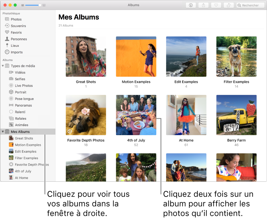 La fenêtre Photos avec Mes Albums sélectionné dans la barre latérale, et les albums que vous avez créés affichés dans la fenêtre de droite.
