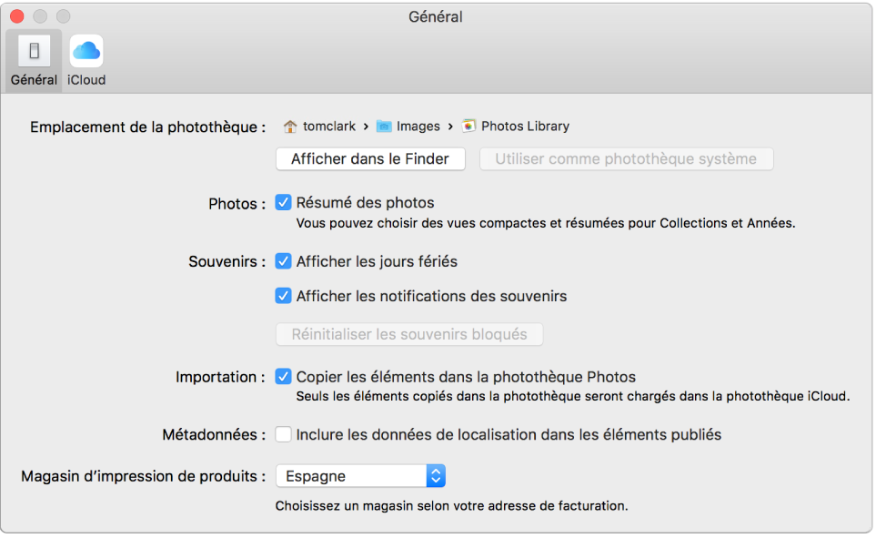 Sous-fenêtre Général des préférences Photos.