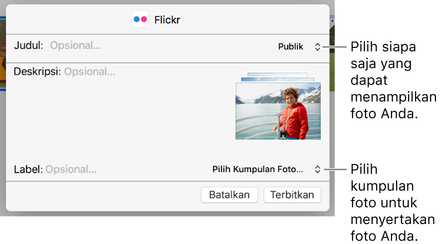 Dialog berbagi Flickr.