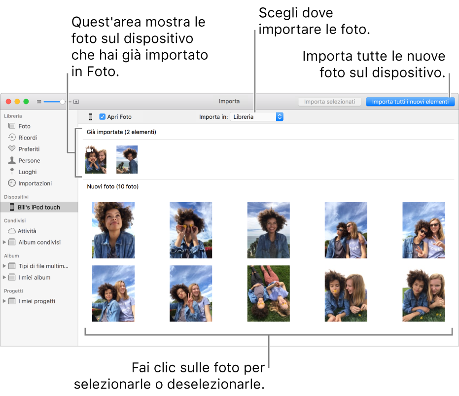 Le foto già importate nel dispositivo sono visualizzate nella parte superiore del pannello. Le nuove foto sono nella parte inferiore. Nella parte superiore, al centro, è disponibile il menu a comparsa “Importa in”. Il pulsante “Importa tutte le nuove foto” è in alto a destra.