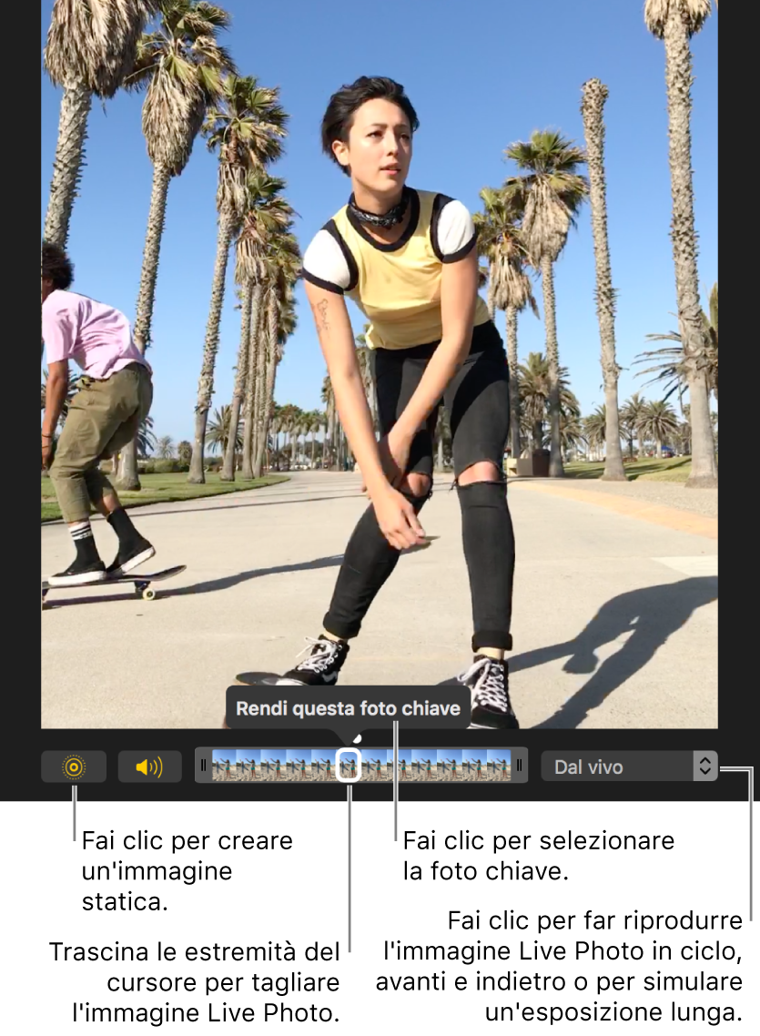 Una Live Photo nella vista di modifica e un cursore sotto di essa con i fotogrammi della foto. I pulsanti Live Photo e Altoparlante sono a sinistra del cursore, mentre a destra è presente un menu a comparsa che puoi utilizzare per aggiungere un effetto di ripetizione, rimbalzo o esposizione lunga.