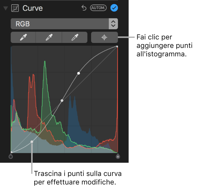 Controlli Curve e pulsante “Aggiungi punti” nella parte superiore destra.