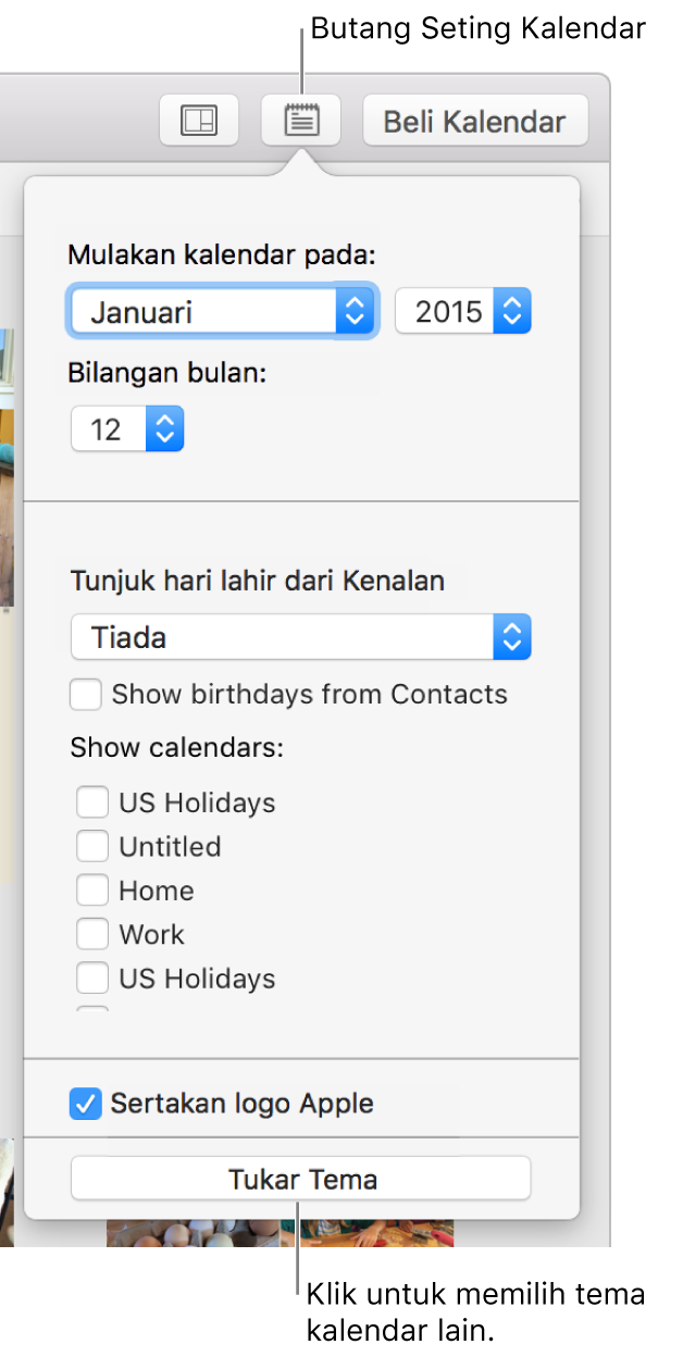 Butang Seting Kalendar dengan butang Ubah Tema di bahagian bawah.