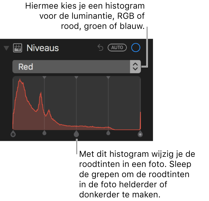 Niveauregelaars en histogram voor het wijzigen van rood in een foto.