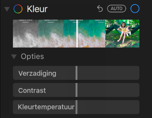 Het gedeelte 'Kleur' van het paneel 'Pas aan' met schuifknoppen voor 'Verzadiging', 'Contrast' en 'Kleurtemperatuur'.