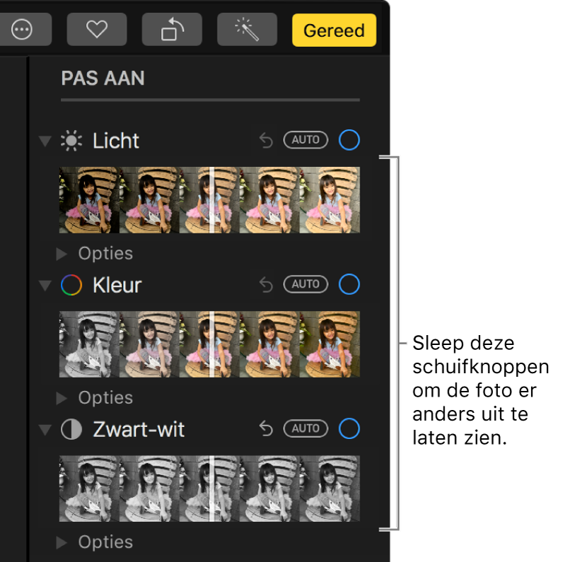 De schuifknoppen voor 'Licht', 'Kleur' en 'Zwart-wit' in het paneel 'Pas aan'. Boven elke schuifknop wordt de knop 'Automatisch' weergegeven.