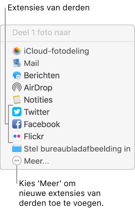 Deel-menu met extensies van derden, zoals Flickr.