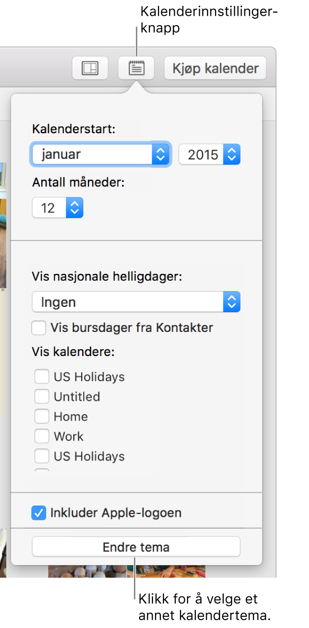 Kalenderinnstillinger-valg med Endre tema-knappen nederst.