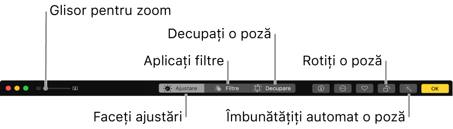 Bara instrumentelor de editare, cu butoane de afișare a opțiunilor pentru ajustări, filtre și decupare.