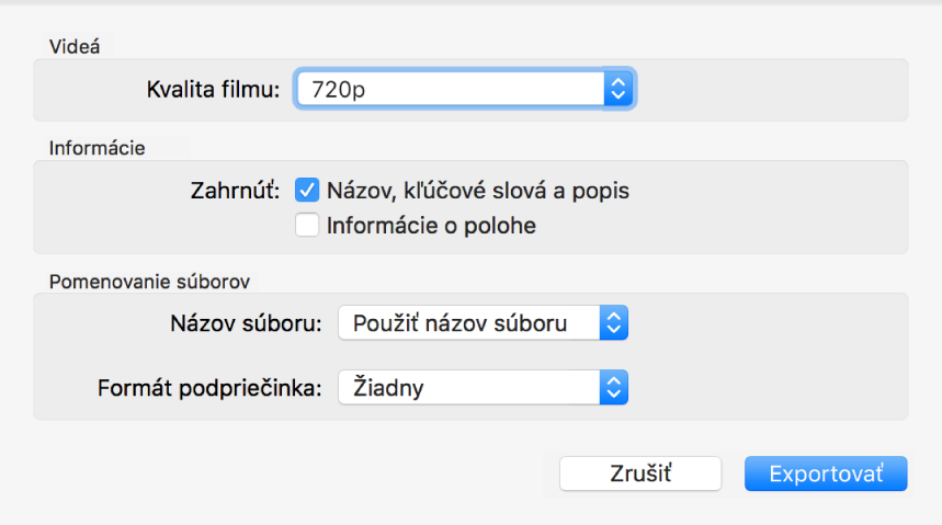 Dialógové okno Exportovanie originálu znázorňujúce možnosti exportu.