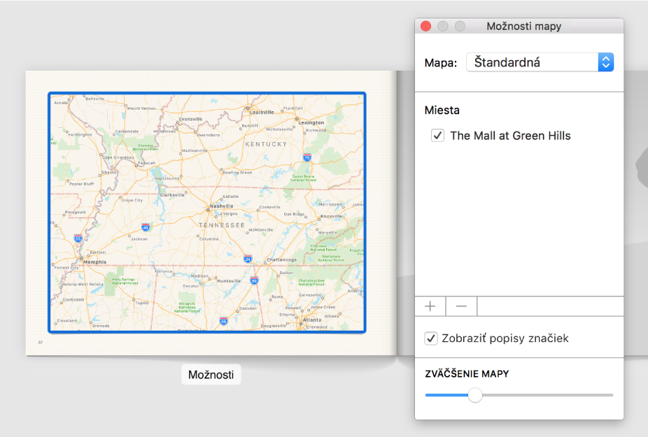 Mapa v knihe, pod ktorou je tlačidlo Možnosti a napravo od nej je otvorené okno Možnosti mapy.